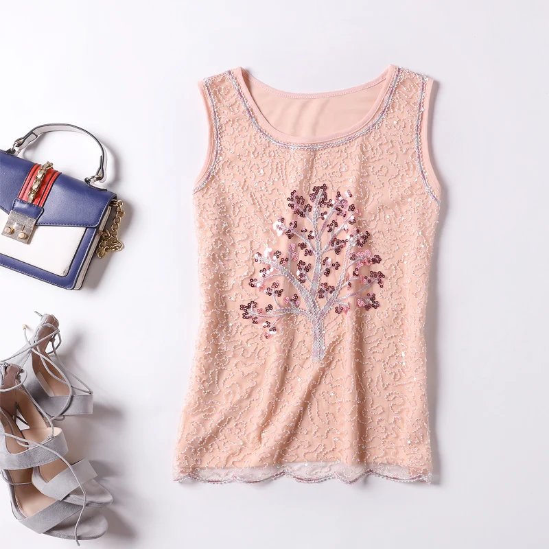 Женские майки с блестками однотонные свободные элегантные топы вышивкой для