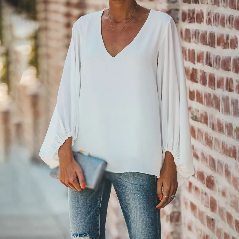 Women Tops Chiffon shirts puff Sleeve V-Neck Loose Fashion office lady blouse autumn tops |