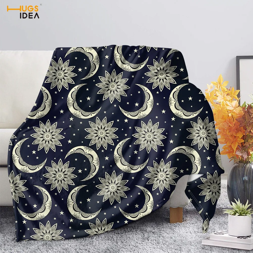 

HUGSIDEA Sun Moon Star Face Mandala Pattern Bedding Quilt Soft Flannel Blanket for Kids Custom Warm Bed Cover Blankets Winter