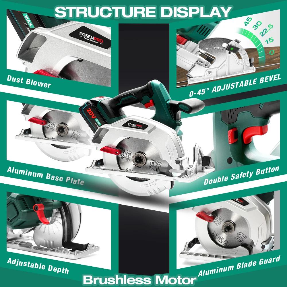 

POSENPRO Brushless Circular Saw 20V 4.0Ah Battery Cordless Electric Saw Adjustable Cutting Depth and Angle Woodworking Tools
