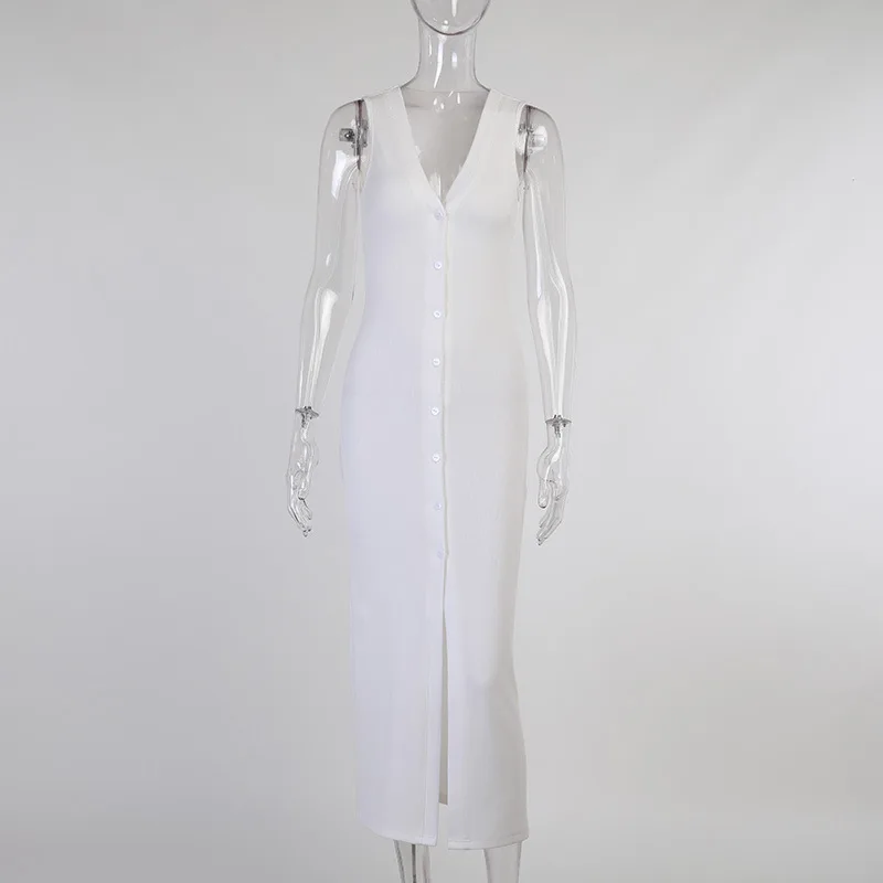 

Summer Vest Dress Sexy Women Cultivate One's Morality V-neck Button Split Solid Color Dress