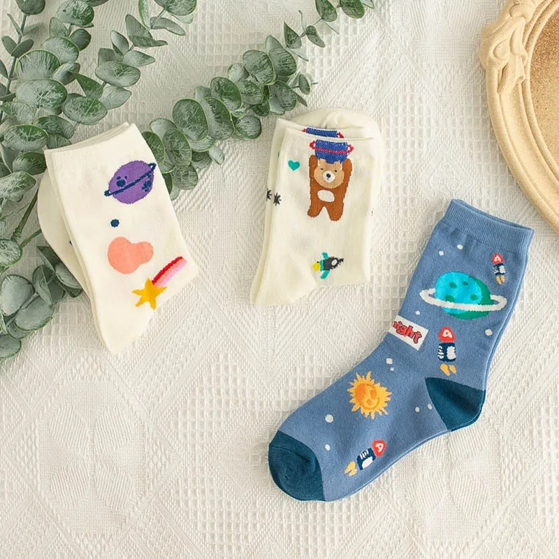 

Rockets Starry Funny Socks Women Korean Style Sun Heart White Calcetines Divertidos Japan Skarpety Cute Sokken Casual Skarpetki