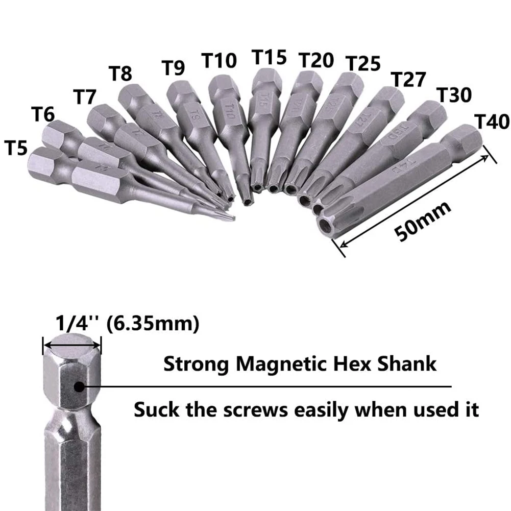 12Pcs/Set 50mm 1/4&quot Hex Driver Bits Torx Head Screwdriver Magnetic Kit T5-T40 S2 Alloy Steel | Инструменты