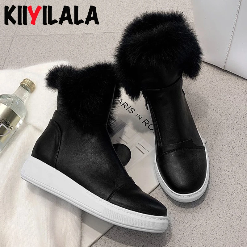 Kiiyilal New Warm Side Zipper Snow Boots Real Rabbit Fur Winter Shoes Height Increasing Woman Short Plush Women | Обувь