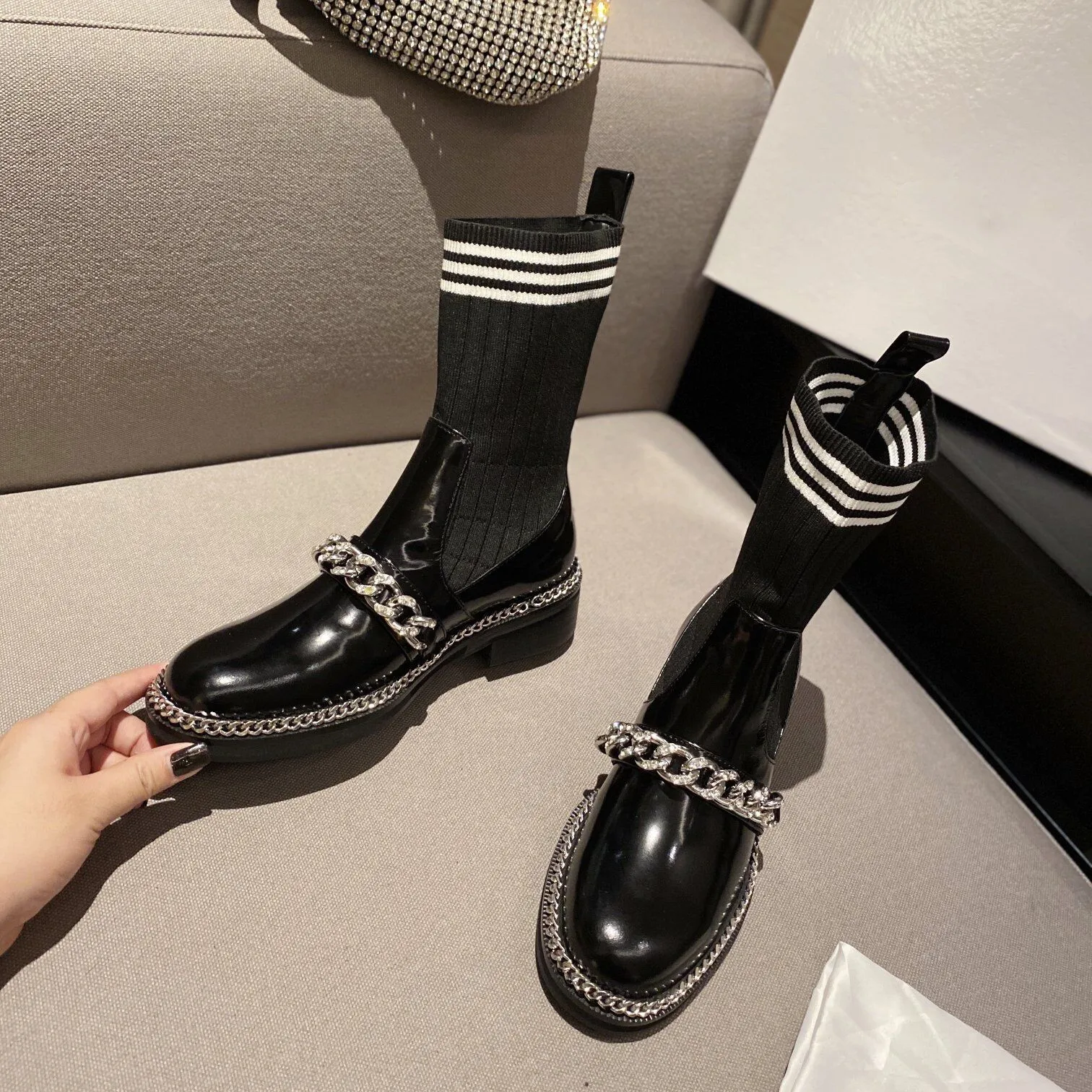 

Autumn Winter New Metal Chain Elastic Stockings Boots Women's Thick-soled British Short Boots Leather Thin Flat Single Shoes