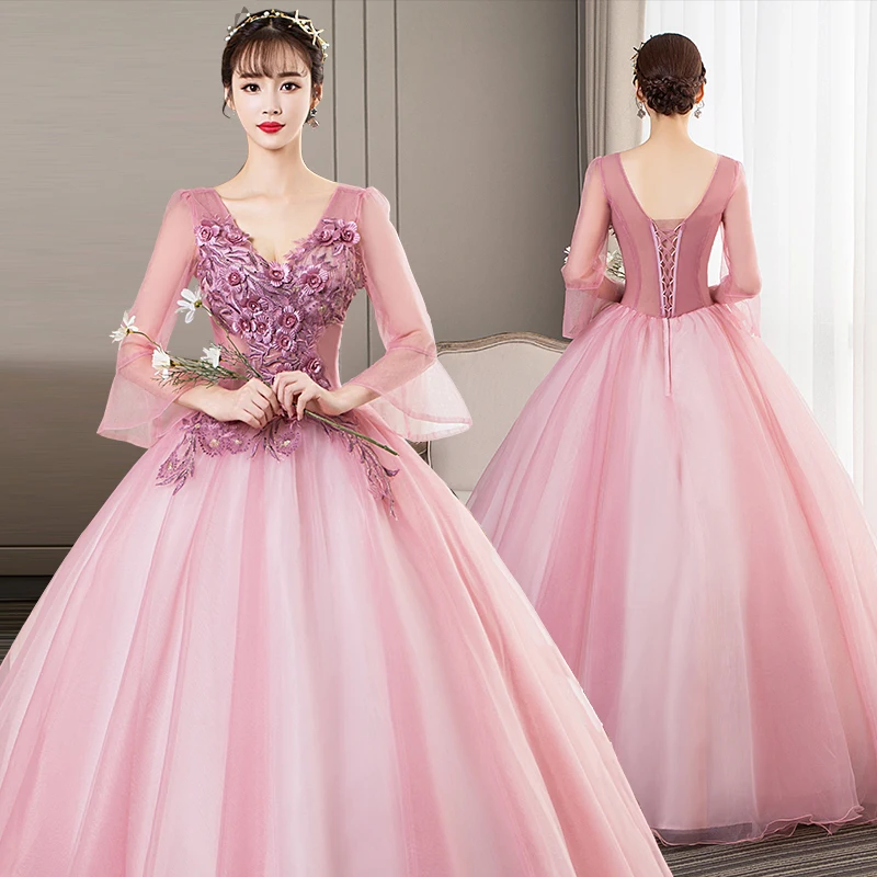 Недорогие платья для девушек розовые с длинным рукавом бальное платье 15 лет