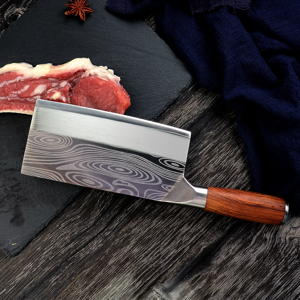 

Chopping Knife With Leather Sheath Stainless Steel 4mm Thick Blade Vegetable Meat Poultry Chopping Laser Pattern Chef Cleaver