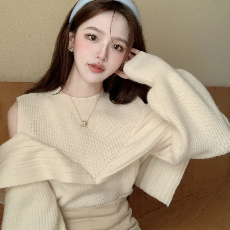 

Sweater Women 2021 Autumn and Winter New Half High Round Neck Strapless Bat Sleeve Pure Color Knitting Sweater Top Female