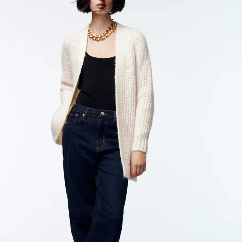 

KUMSVAG Women Autumn Casual Loose Cardigan Sweaters Coats 2021 ZA Long Sleeve Knitting Open Stitch Female Plus Size Sweater