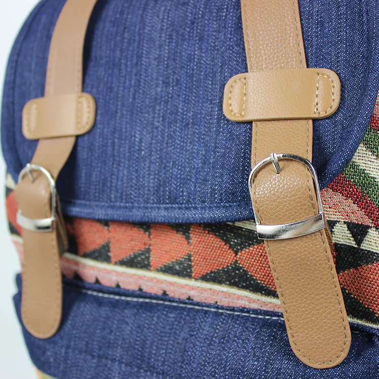 Этнический женский рюкзак путешествий из денима с кулиской на плечо для студентов школы "Plecaki Szkolne Backpack School" из холста.