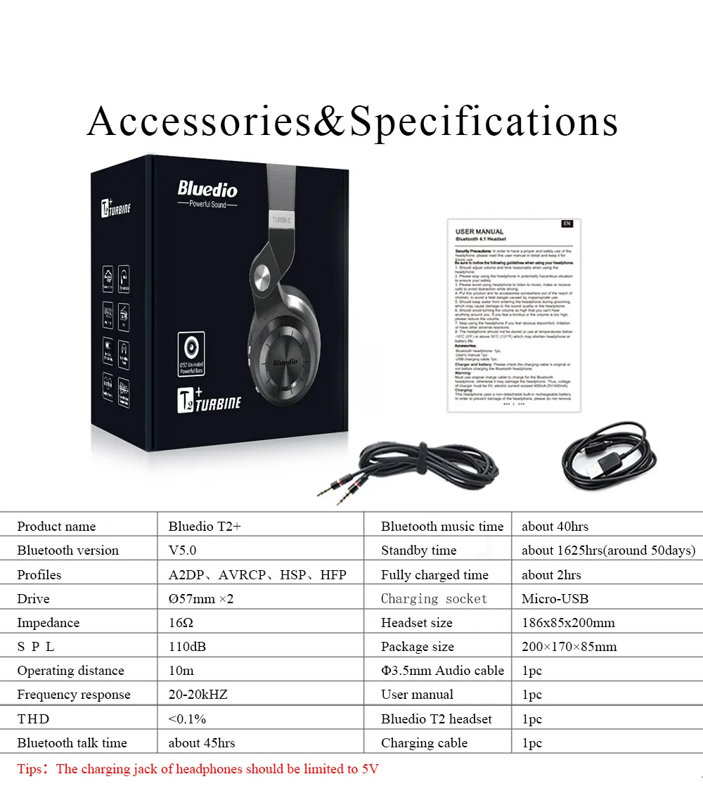 White Retail Box Беспроводные наушники, гарнитуры Bluedio T2+ Bluetooth 5,0, стерео наушники, sd-карта и fm-радио, гарнитура с микрофоном, звук высоких басов - Цвет: White Retail Box