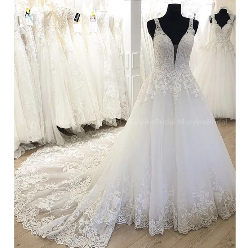 Elegant V-neck Wedding Dress Sleeveless vestidos de novia Vintage Appliques Bride Chapel Train Gown abito da sposa | Свадьбы и