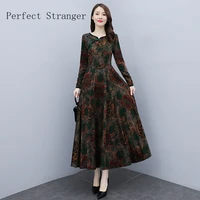 autumn winter temperament slender show retro knit print swing dress v collar long sleeve long dress for woman female vestidos