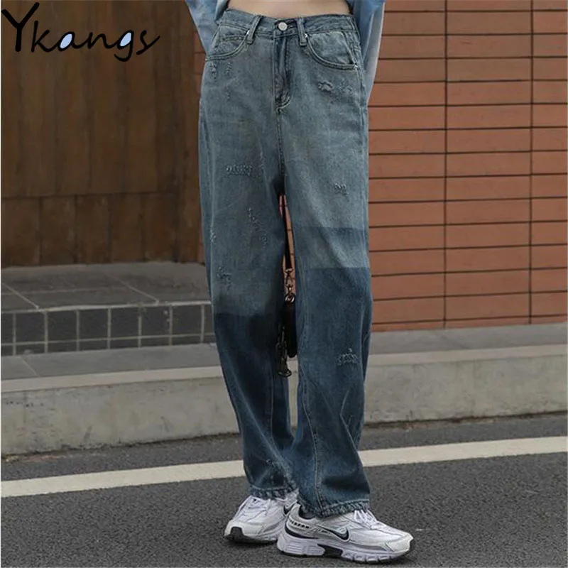 

Contrasting Asymmetric Ripped Hole Wide-Leg Jeans Loose High Street Fashion Women'S Straight-Leg Pants Casual Streetwear Trouser