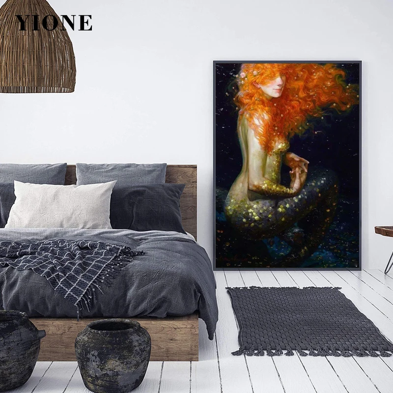 

Nordic Mermaid Princess Oil Painting Print Custom Abstract Art Fairy Tale Girl Canvas Poster Wall Decoration Pictures for Room