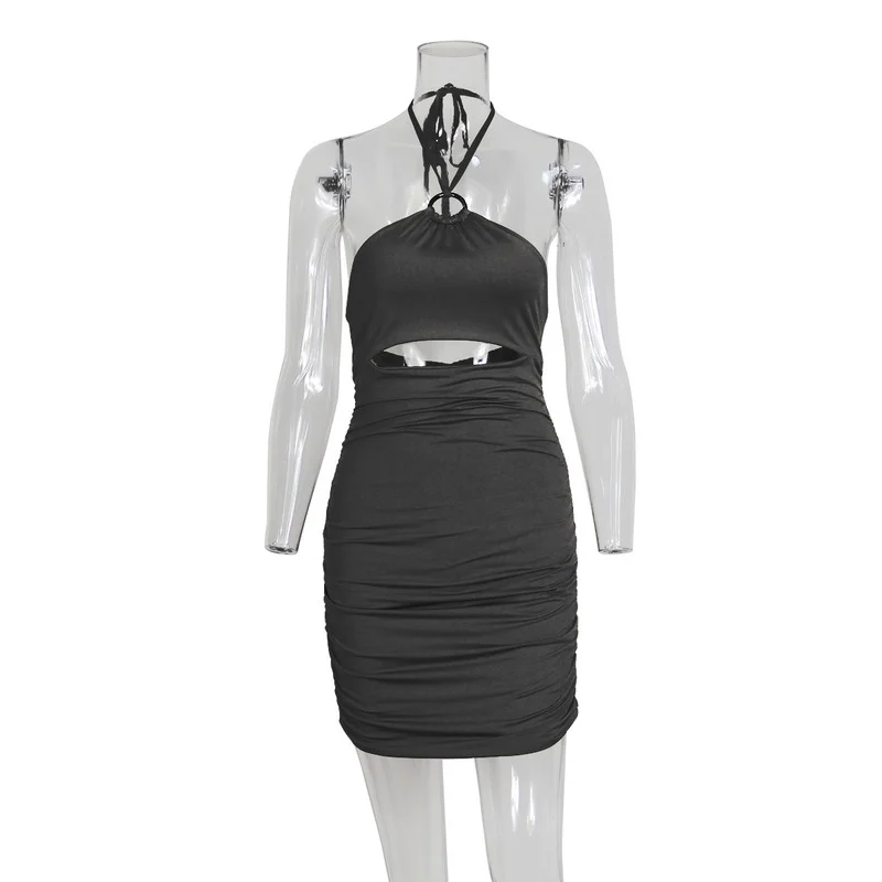 

2021 Black Halter Dress Beach Sexy Splice Sleeveless Bodycon Off Shoulder Folds High Waist Hollow Out Mini Party Dresses Summer