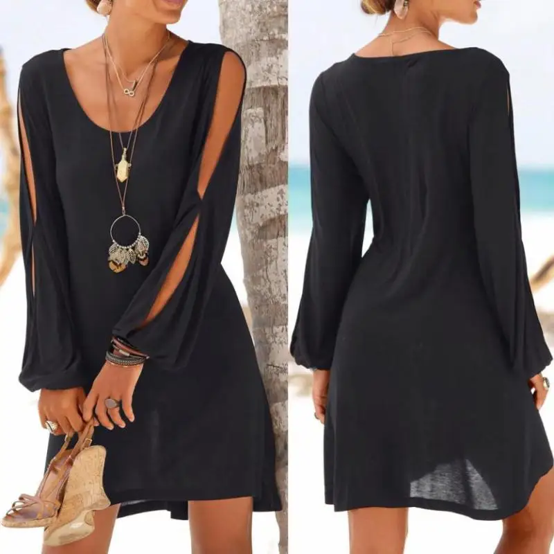 

dress Fashion Women Casual O-Neck Hollow Out Sleeve Straight Dress Solid Beach Style Mini dress women 2021