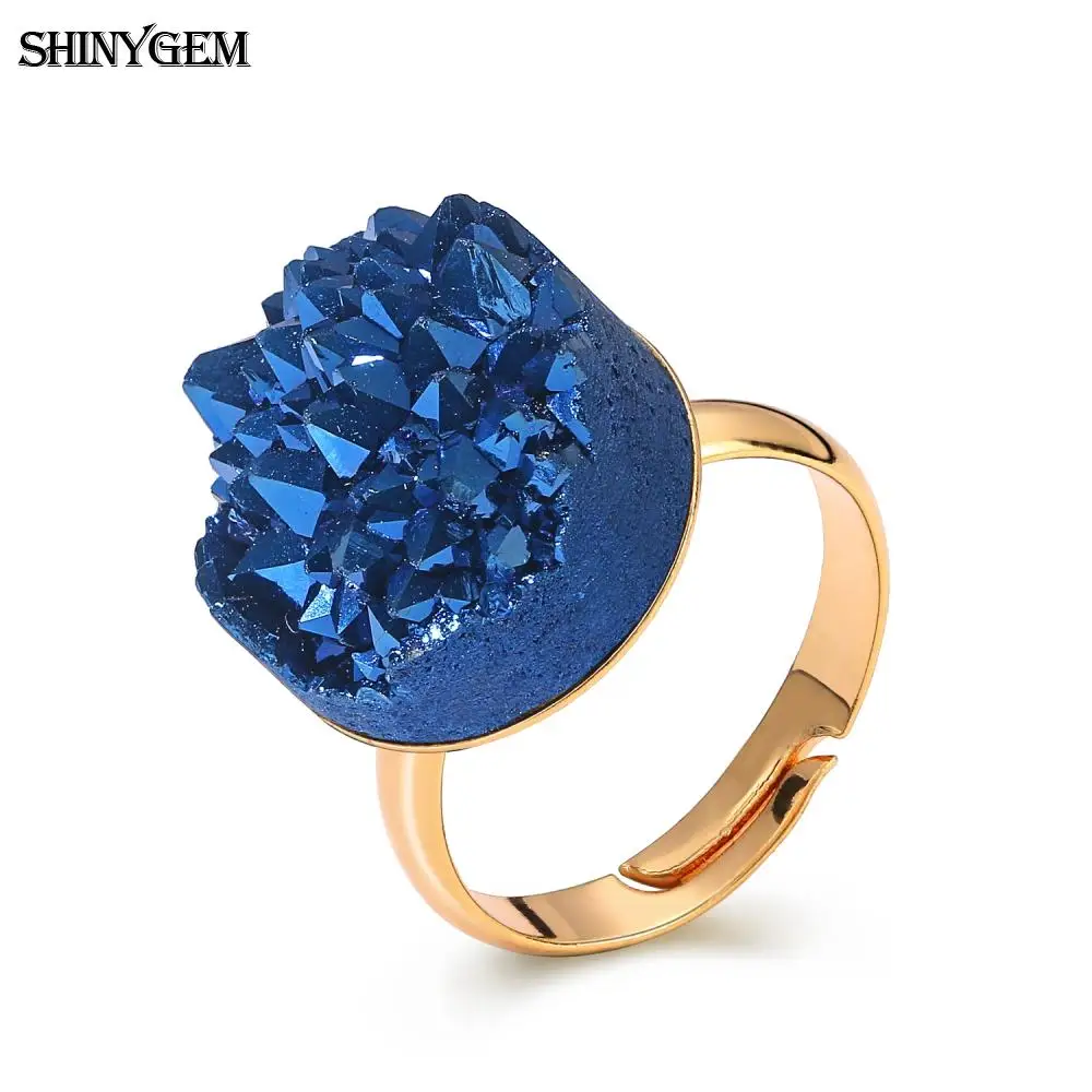 Классические кольца ShinyGem с натуральным кристаллом Druzy позолоченные Регулируемые
