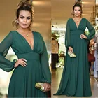 Шифоновые плиссированные вечерние платья больших размеров с V-образным вырезом и длинным рукавом, бальное платье для выпускного вечера, а-силуэт