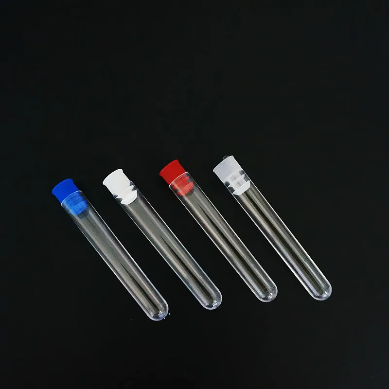 Пробирки пластиковые прозрачные с голубым/красным/белым стопором для