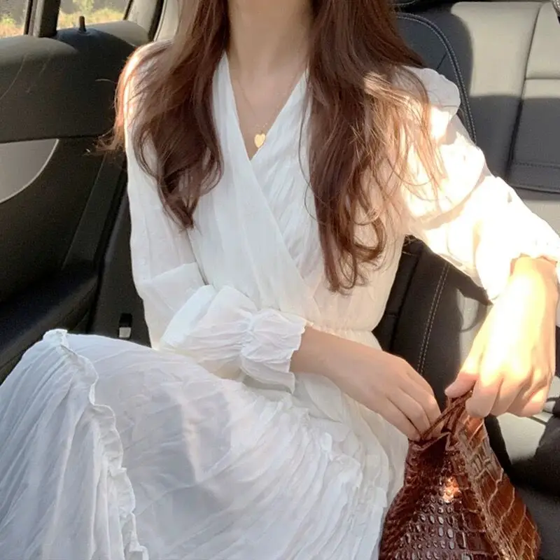 

Korean Chic Loose Ruffle Elegant Dress Women Long Sleeve White Clothes Female Casual Fashion Plus Size Vintage Dresses Ladies