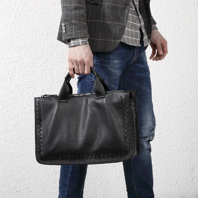 New Men's Handbag Soft Leather Casual Woven Large-capacity Briefcase Shoulder Slung Laptop Bag Men Travel Bags Top Layer Leather