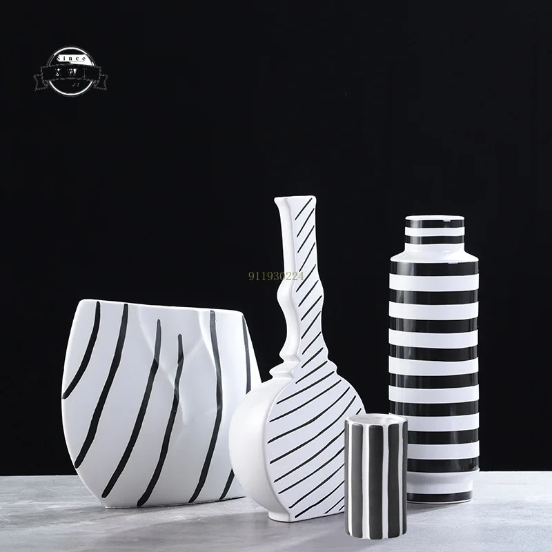 

Light Luxury Scandinavian Minimalist Ceramic Vase with Black and White Stripe Home Decoration Accessories for Living Room Home