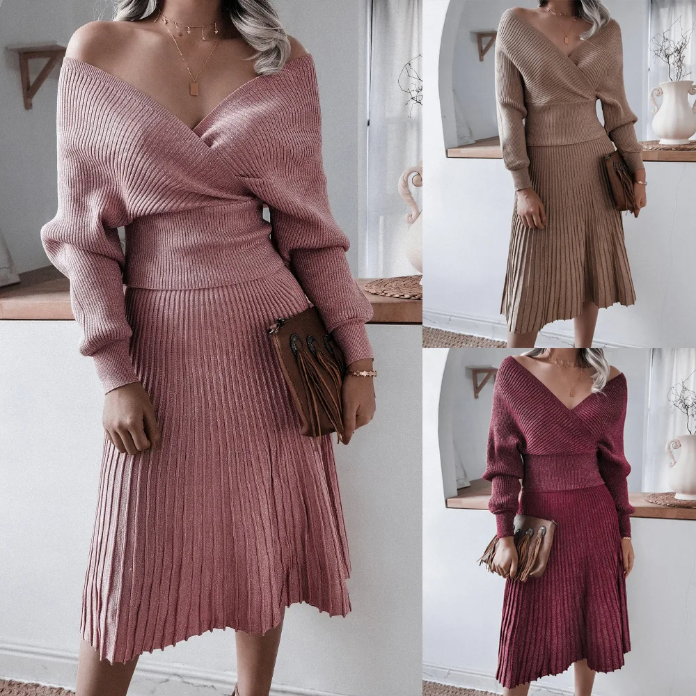 

Autumn and winter long-sleeved off-shoulder sweater casual pleated skirt bright silk knitted two-piece women's clothing