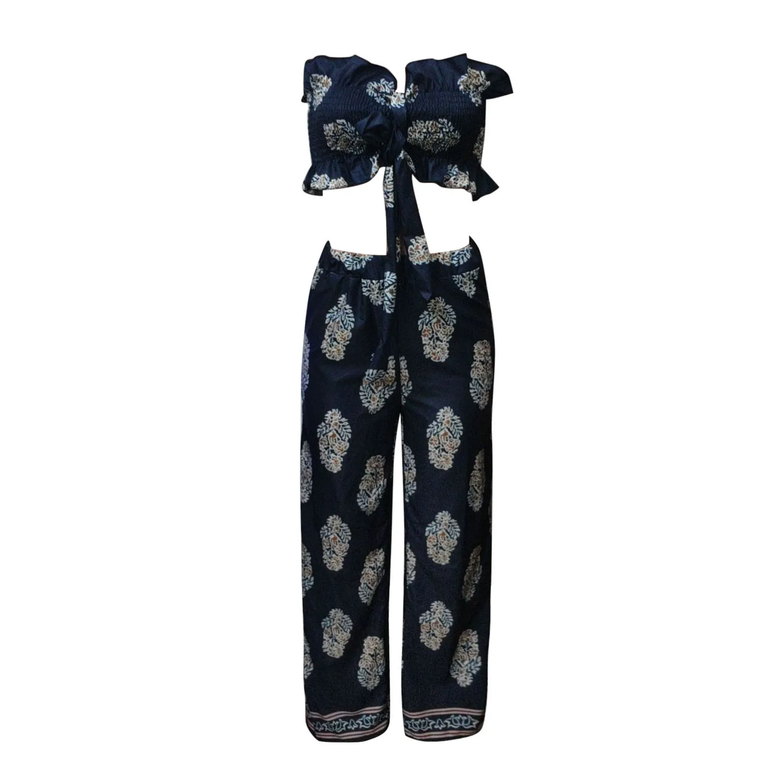 

New Women Casual Plant Printed Sleeveless Camis Tops+Long Pants 2 Piece Set Wide Leg Pants Tracksuit Sporty Casual Outfit 2021