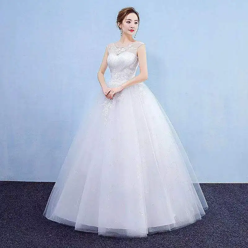 

Свадебное платье без рукавов, с круглым вырезом, из тюля, с вышивкой, с блестками, до пола, роскошное Белое Женское платье невесты GB314