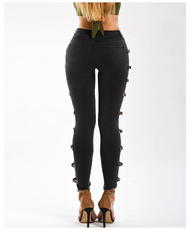 Женские вымытые облегающие Стрейчевые узкие брюки большого размера модные боковые пряжки джинсовые брюки женские модные, средняя посадка джинсы D482