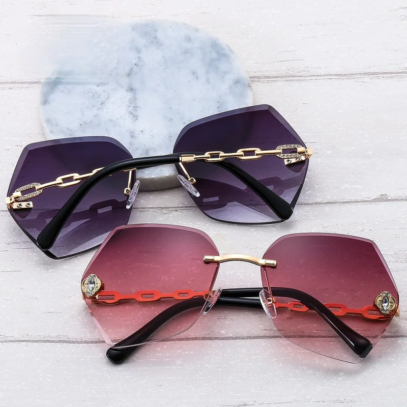 

Очки солнцезащитные женские многоугольные без оправы, роскошные брендовые винтажные дизайнерские солнечные очки с алмазными линзами с гра...