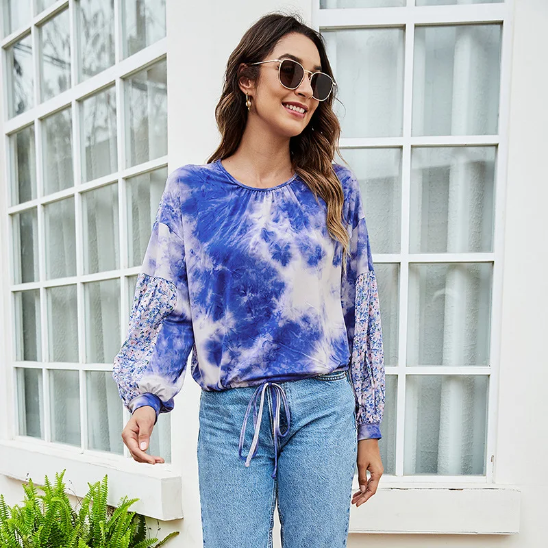 

Autumn Gradient Print Floral Patchwork Long Sleeve T-shirt Top Women Casual Loose O-neck Shirring Design Elegant Pullover New