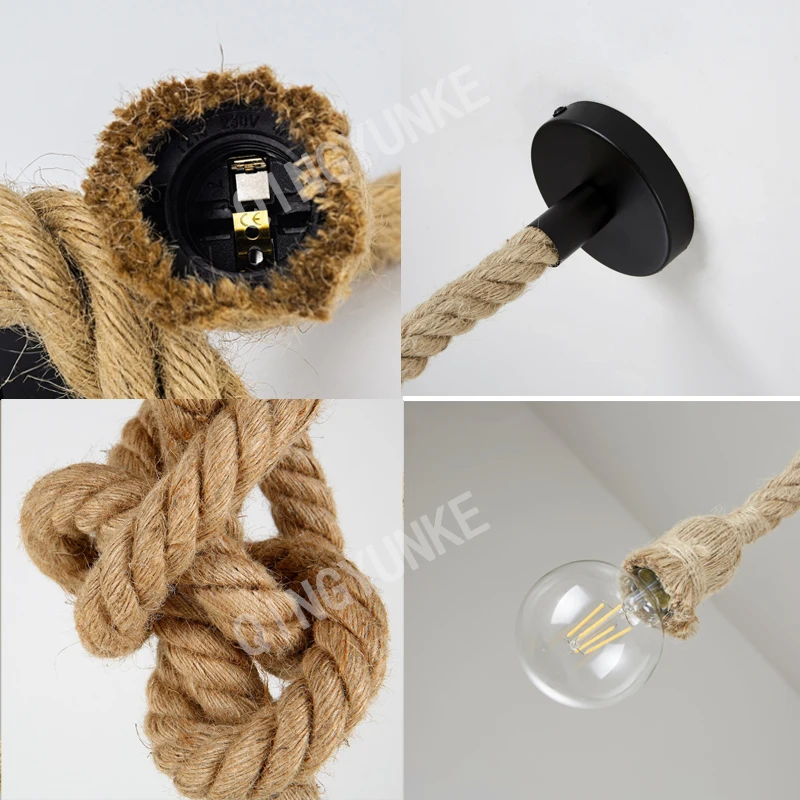 

Vintage Hemp Rope Led Chandelier Retro Rattan Hanging Light Fixture For Living Room Industrial Decorative Lamp Edison Bulb Salon