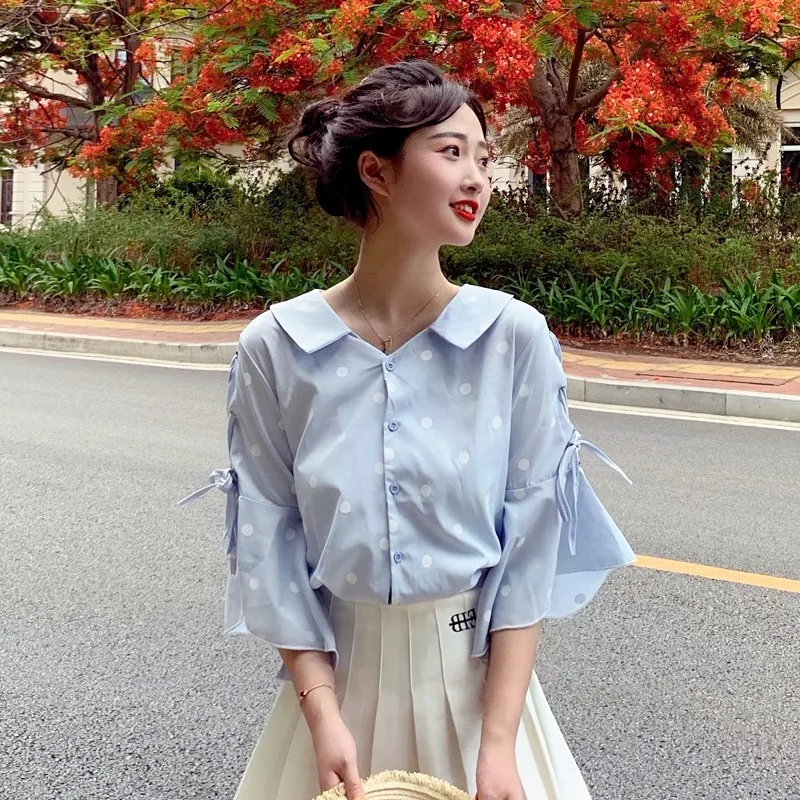 Повседневная Свободная рубашка в стиле ретро с волнистыми точками и коротким