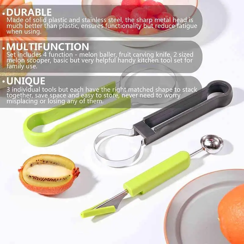 

Fruit Platter Carving Knife Melon Spoon 4in1 Stainless Steel Fruit Tool Set Cutting Tool Kitchen Vegetable Tools Kitchen Gadgets