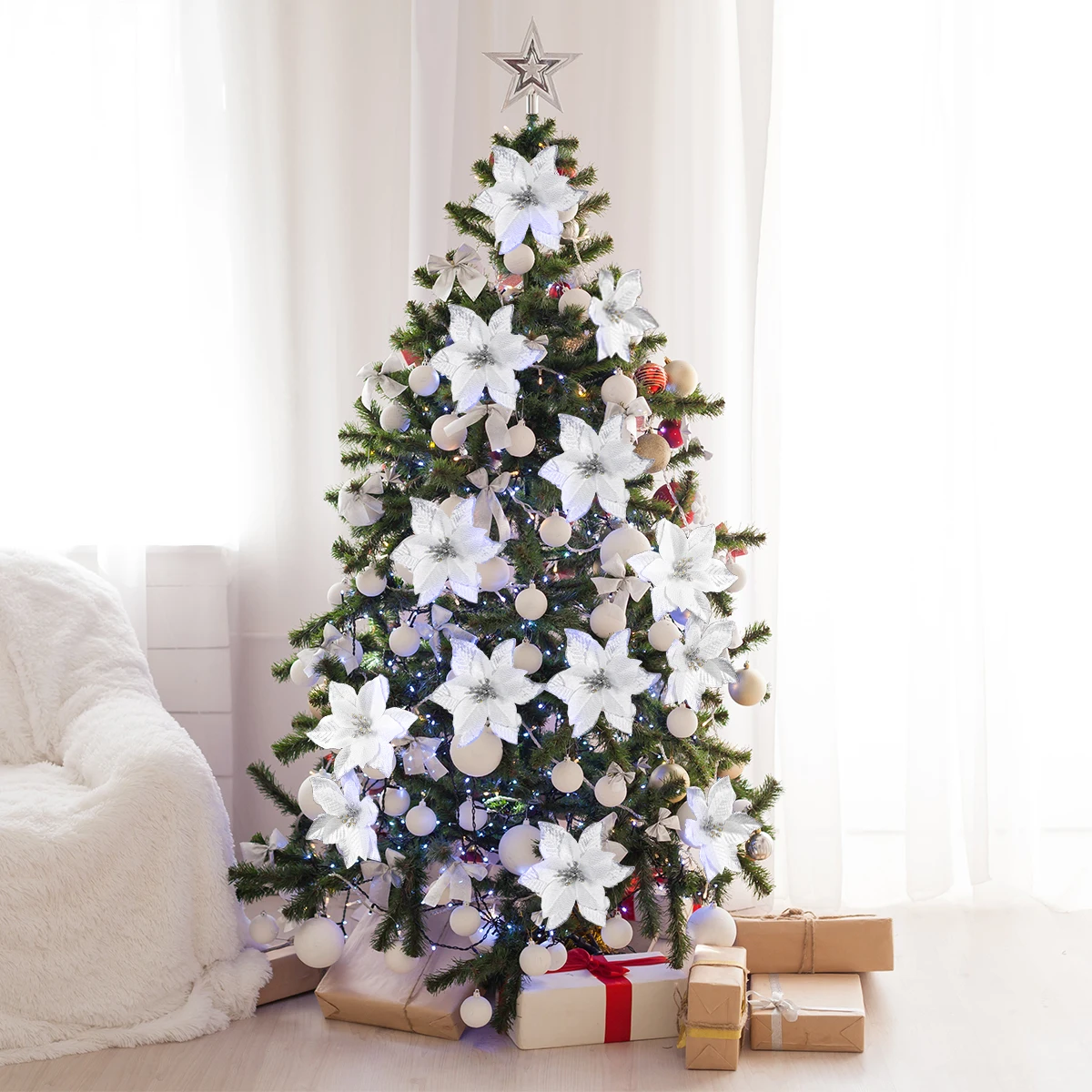 Adorno de seda Artificial para árbol de Navidad, cabeza de flor con purpurina para decoración de Año Nuevo, DIY, 24 unidades, 2021