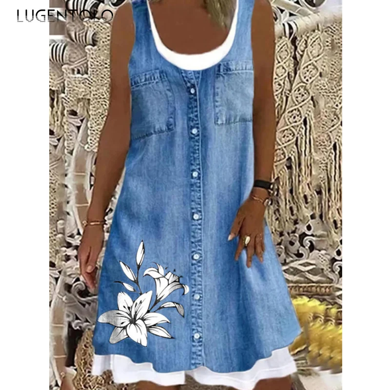 

Lugentolo Summer Dress Women Loose Casual Print Sleeveless Round Neck Dresses Female Polyester Blend Thin Street Short Dress