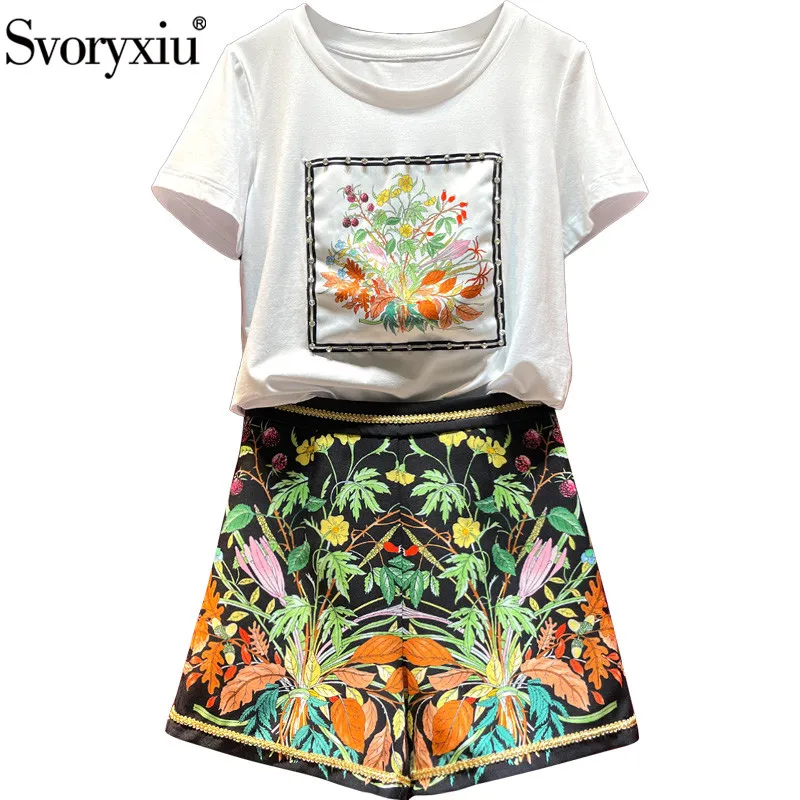 

Svoryxiu Runway Designer Fashion Summer Shorts Two Piece Set Women's Short Sleeve Beaded Flower Print Tops + Shorts Suit
