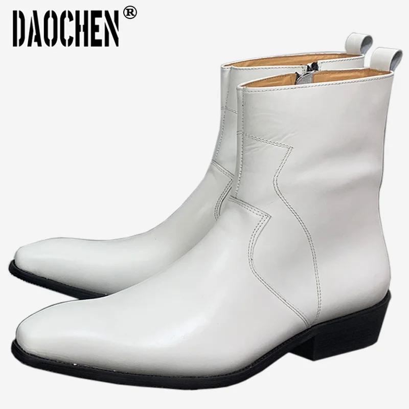 Calf Boots Slip On Zipper Men Dress Boots Shoes White Black Genuine Leather Shoes Men