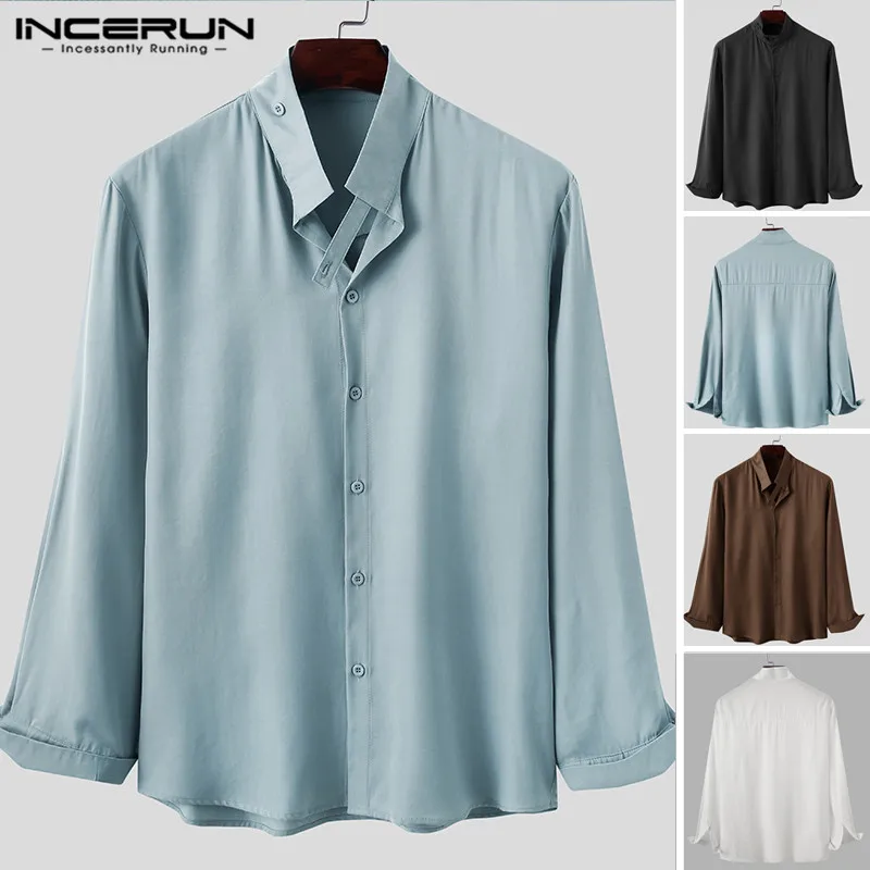 

Men Shirts Solid Color Casual Blouse Long Sleeve Stand Collar Camisa Leisure Buttons Shirts Korean Style Tops INCERUN Plus Size