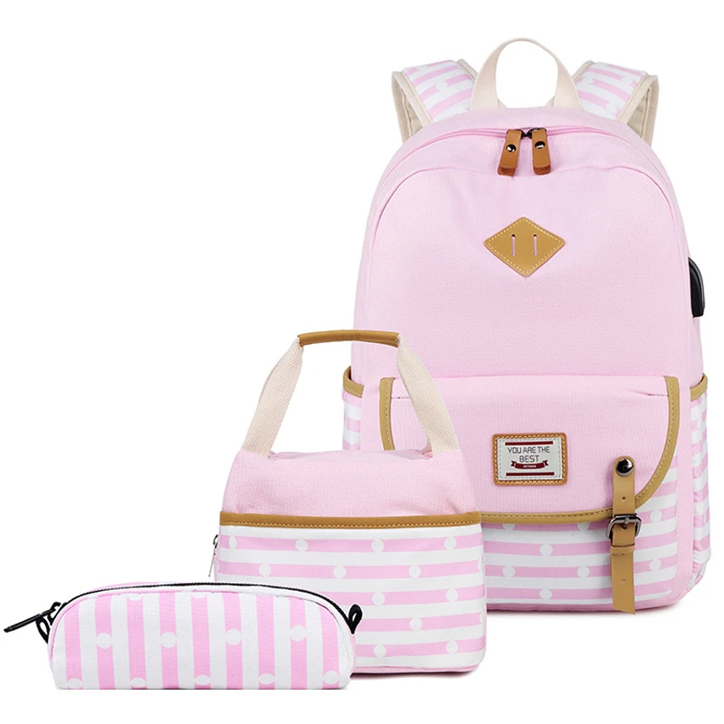 pink set Женский рюкзак, рюкзаки с usb зарядкой, школьные сумки для подростков, девочек, рюкзак для ноутбука, mochila feminina, школьная сумка - Цвет: pink set