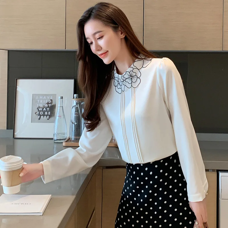 Женская шифоновая блузка с цветочной вышивкой в Корейском стиле | одежда