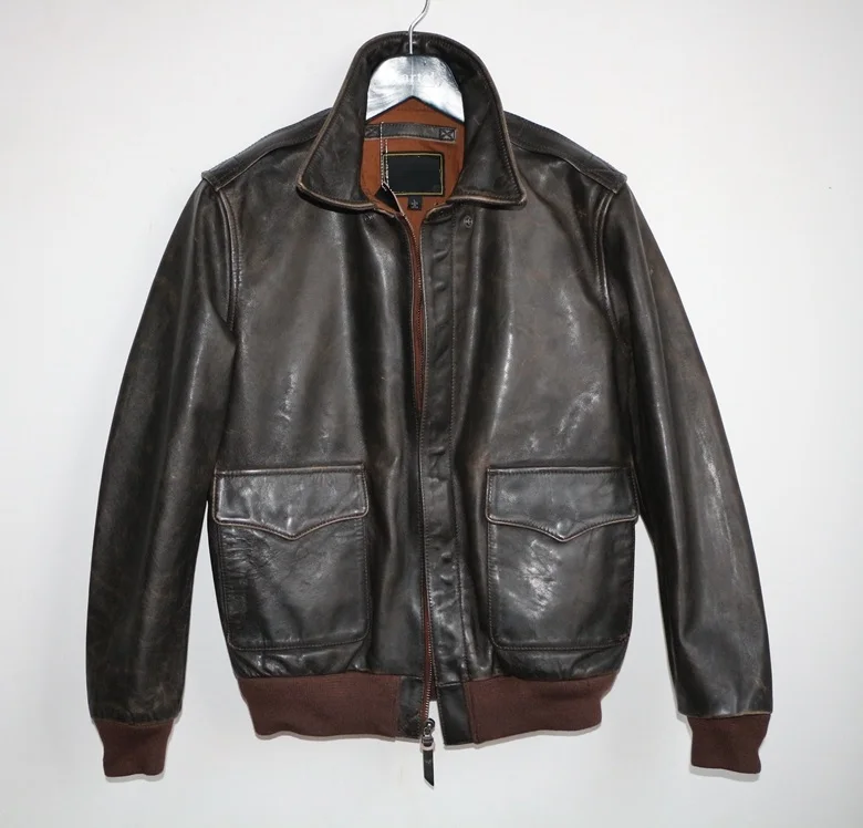 

Man Genuine Leather Jackets Classic A2 Vintage Jacket Military Tanned Tea Core Cowhide Casual Style
