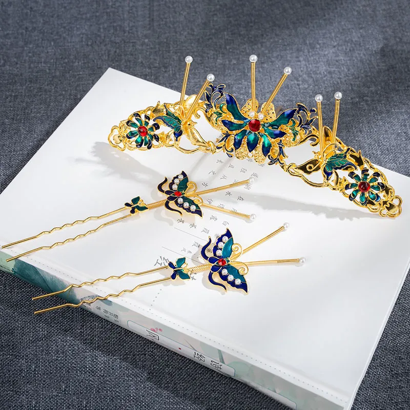 Китайские старинные наклейки синие ювелирные украшения бабочки головные уборы