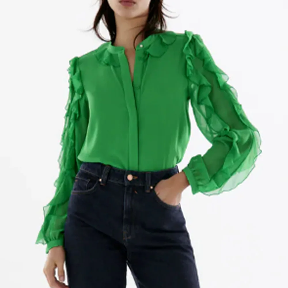 

2021 New Women Fashion Concealed ruffle Loose Blouses Vintage Long Sleeve Button-up Female Shirts Blusas Chic Tops