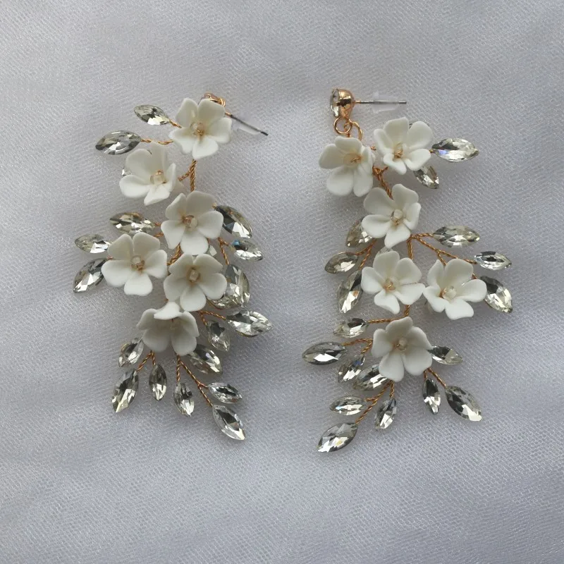 

White Porcelain Flower Bridal Drop Earring Crystal Wedding Accessories Jewelry Handmade Gold Women Earrings