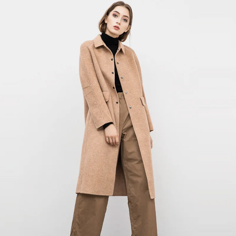 Женское зимнее пальто кофейная двухсторонняя шерстяная кашемировая верхняя
