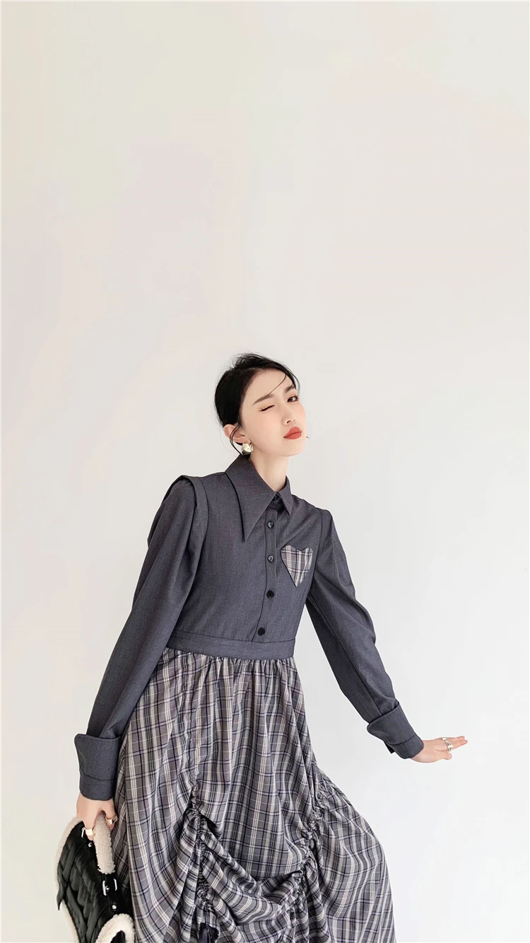 

Vintage Irregular Pleated Design Women Dress High Waist Long Sleeve Patchwork Fashion Drawstring Dresses Tide Spring Autumn New