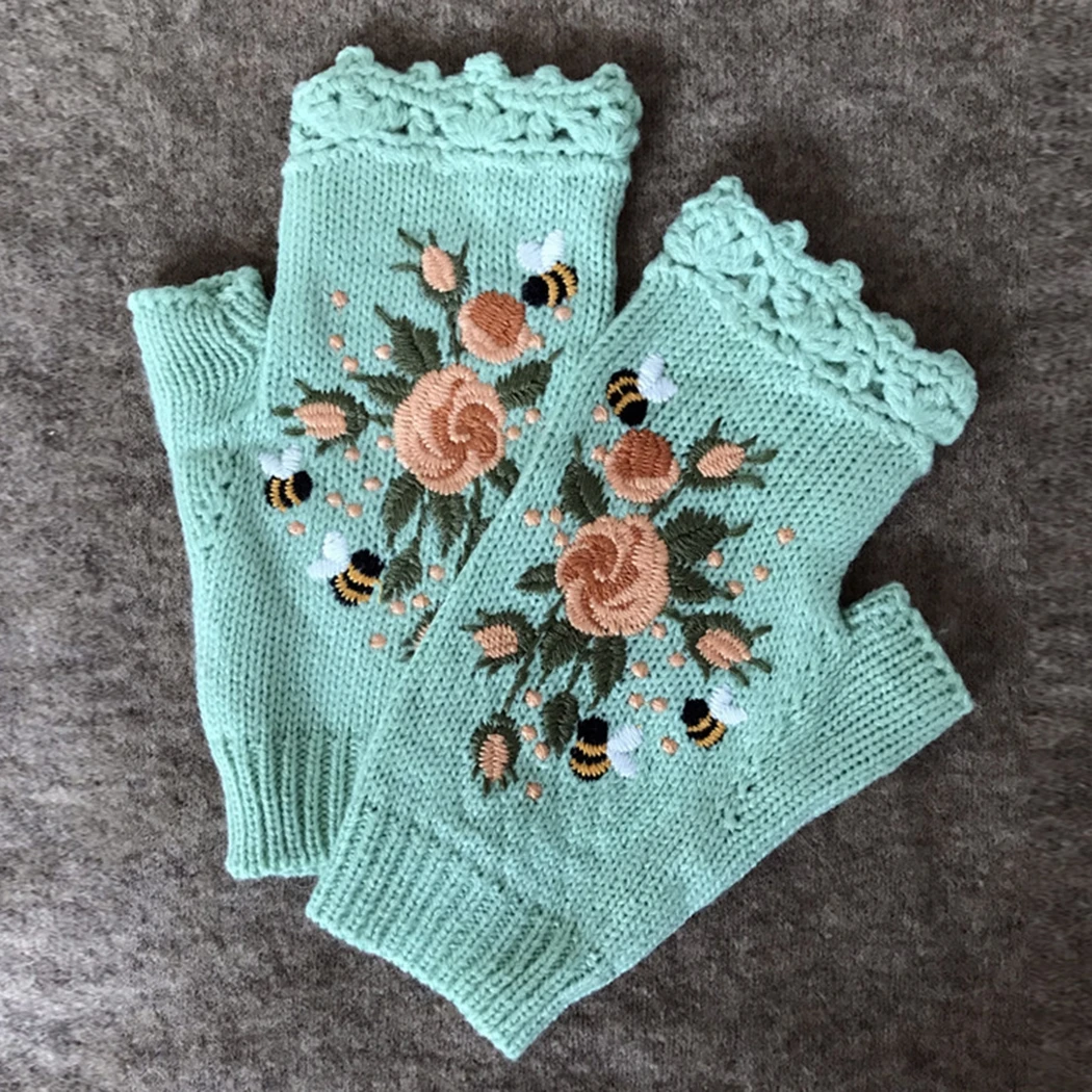 

Women Thumb Hole Mittens Embroidered Flower Fingerless Gloves Flower Knitted Mittens Winter Soft Warm Women Gloves